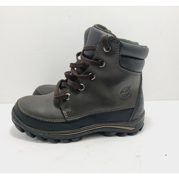 Timberland Boys Premium Leather Boots Mid Waterproof-Color Brown On Black-Size 1 - Picture 3 of 8